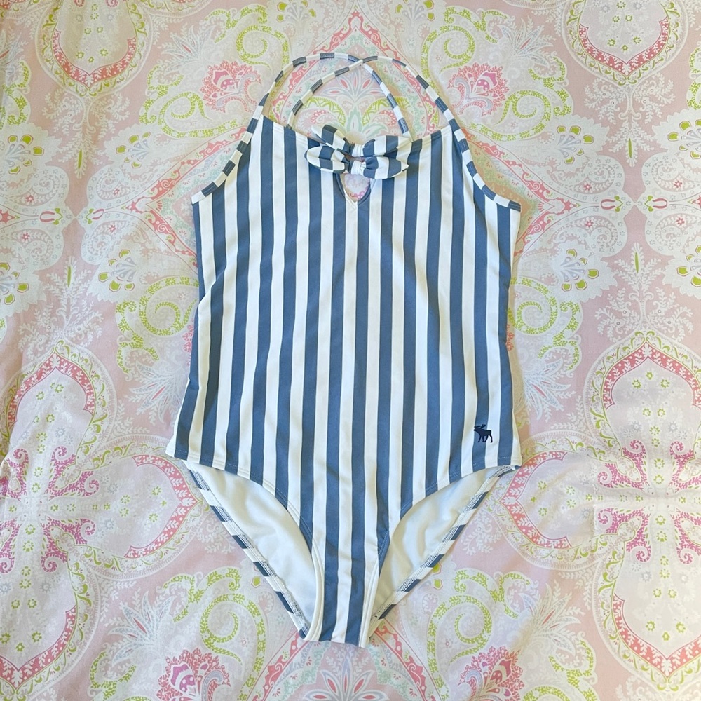 NWOT Abercrombie Kids Navy & White Striped One-Piece Swimsuit with Bow